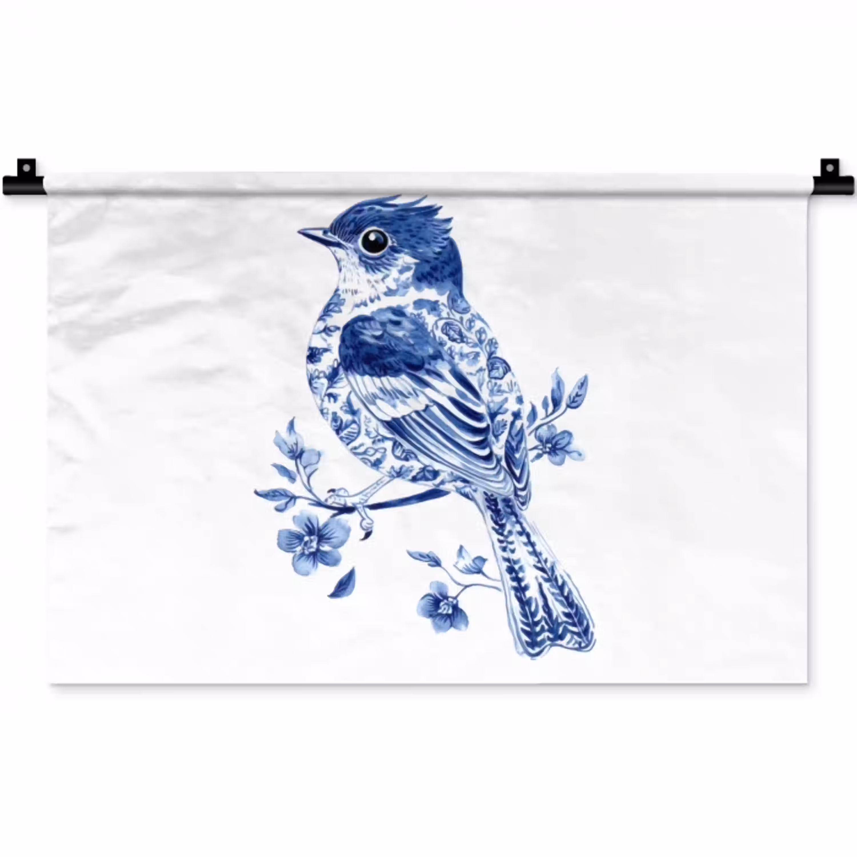 Vogel - Delfts blauw - Illustratie - Bloemen Wandkleed katoen klein -zz3d