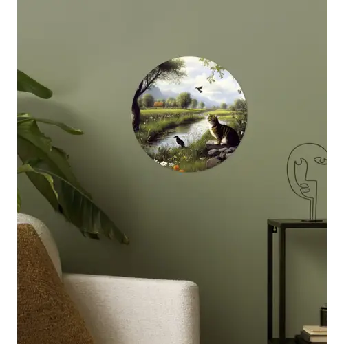 Kat - Beekje - Weide Wandcirkel behangsticker klein -sfeer2