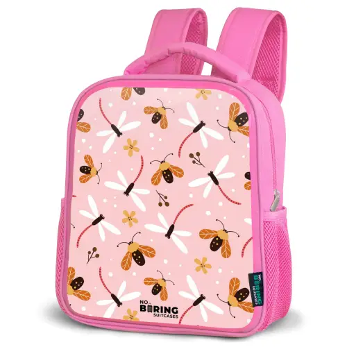 Lieveheersbeestjes en libellen op roze achtergrond Kinderrugzak - Roze middel -schuin