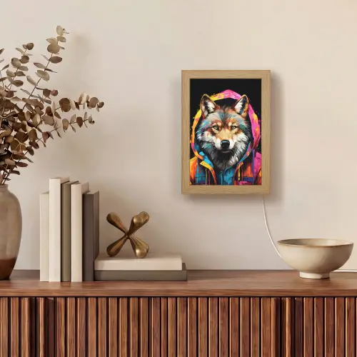 Graffiti - Wolf - Jas - Zwart Light Box met kabel (Tafellamp) klein -sfeer2