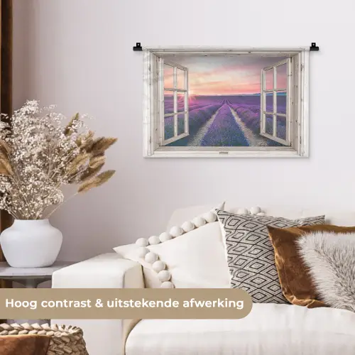 Doorkijk - Lavendel - Bloemen - Hout - Zonsondergang - Paars Wandkleed katoen klein -sfeer1