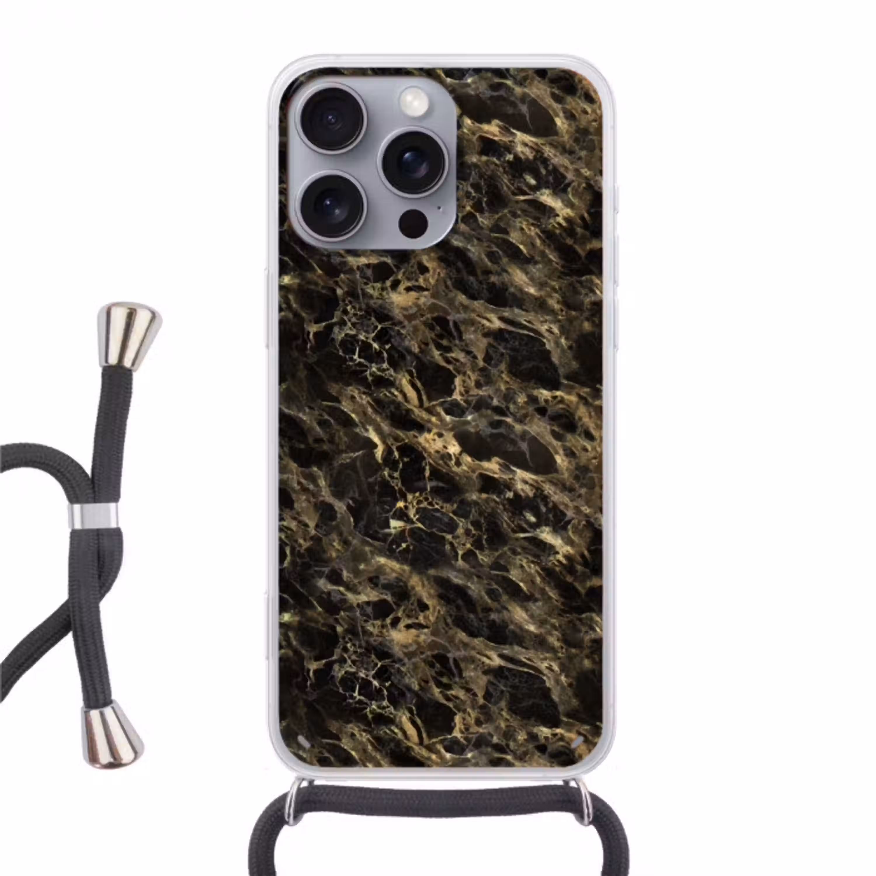 Kristal - Goud - Zwart - Marmer Hoesje iPhone 16 Pro Max met koord klein 804 -3d
