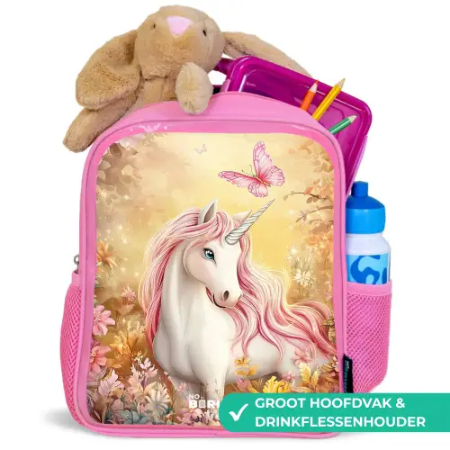 Eenhoorn - Vlinder - Roze - Manen Kinderrugzak - Roze middel -inhoud_NL