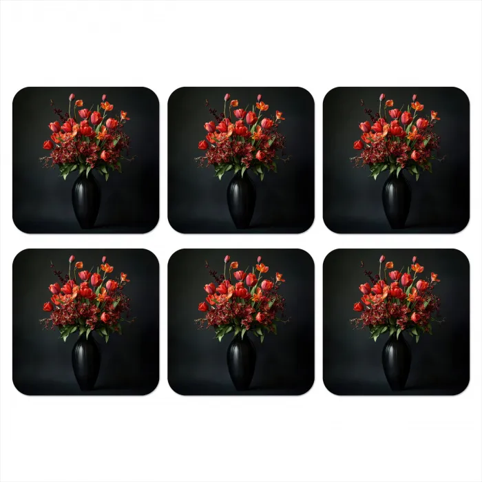 Boeket - Tulpen - Vaas - Rood onderzetter kurk middel -3d