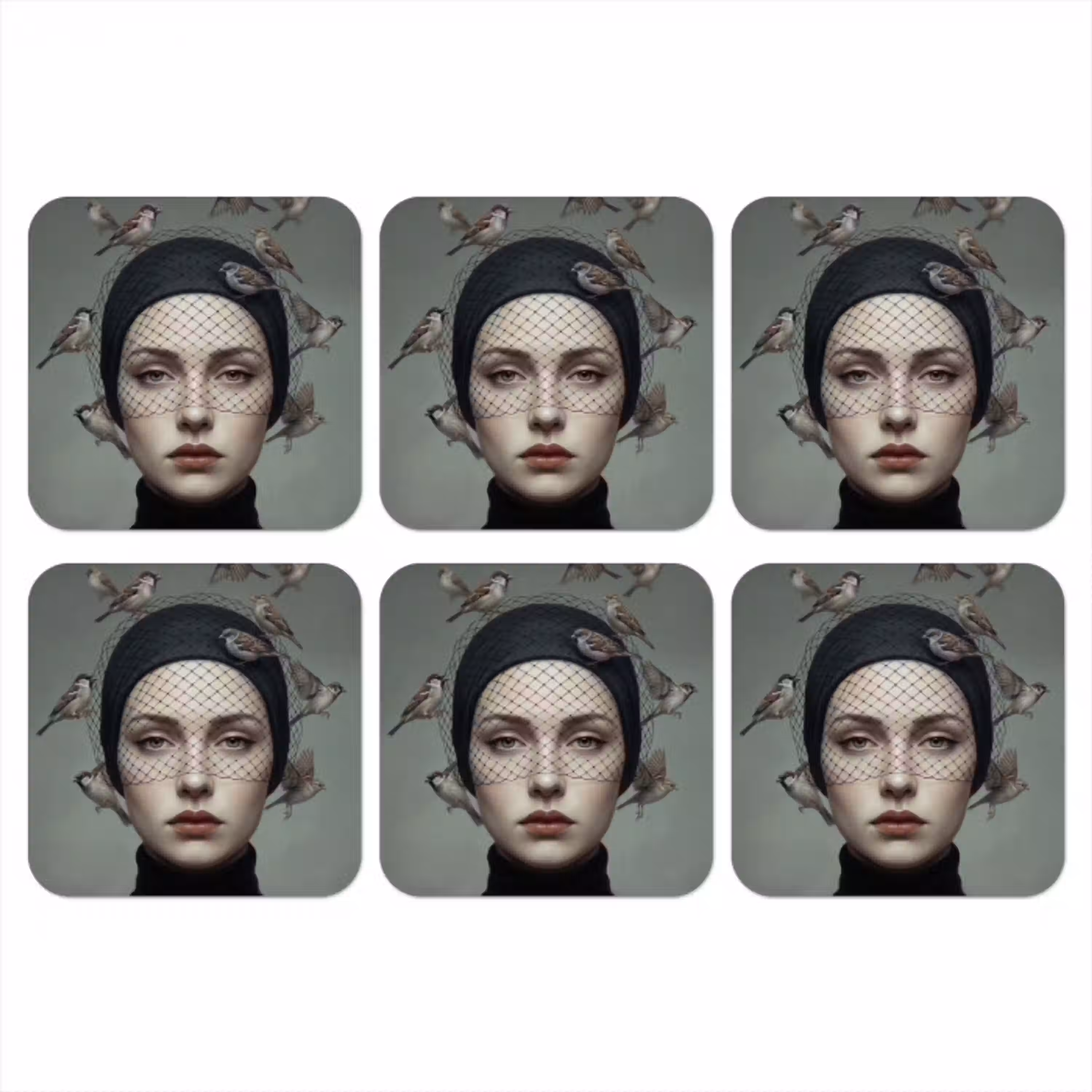 Portret - Vogels - Zwart onderzetter kurk middel -3d