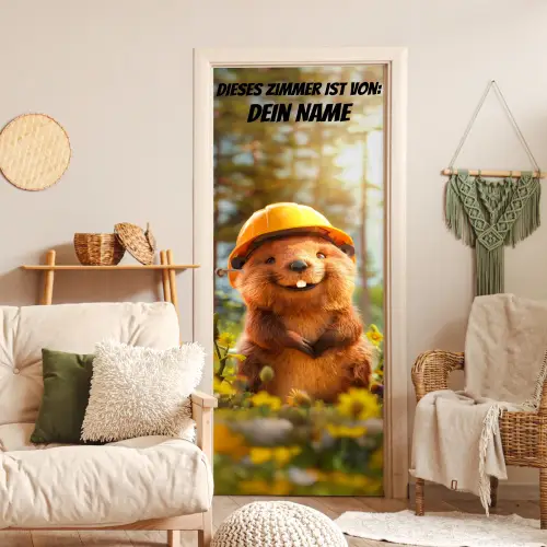 Niedlicher Biber mit Bauhelm im Blumenfeld. deurposter klein -sfeer2