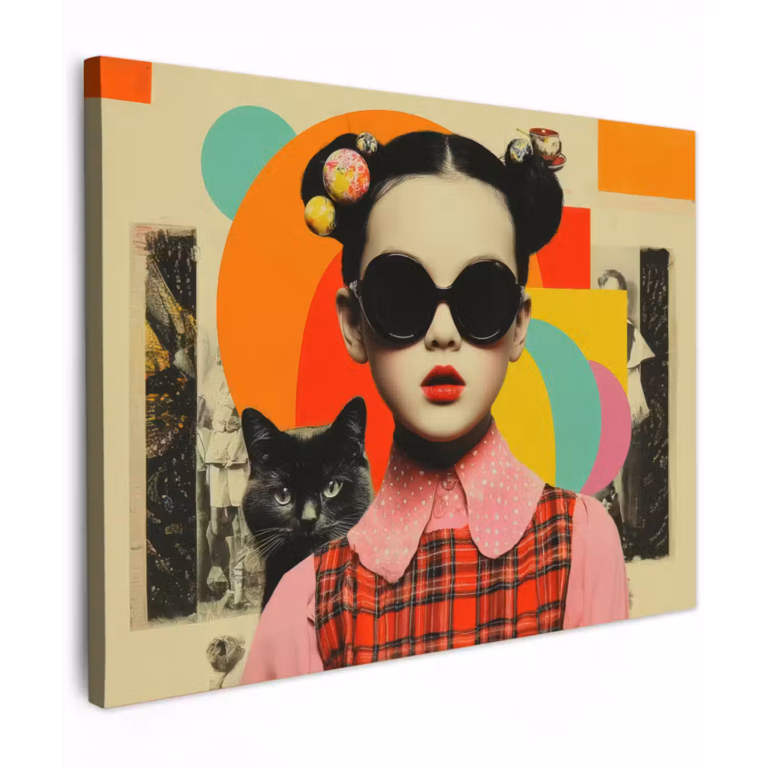 Leinwandbild - Mädchen - Sonnenbrille - Katze - Retro