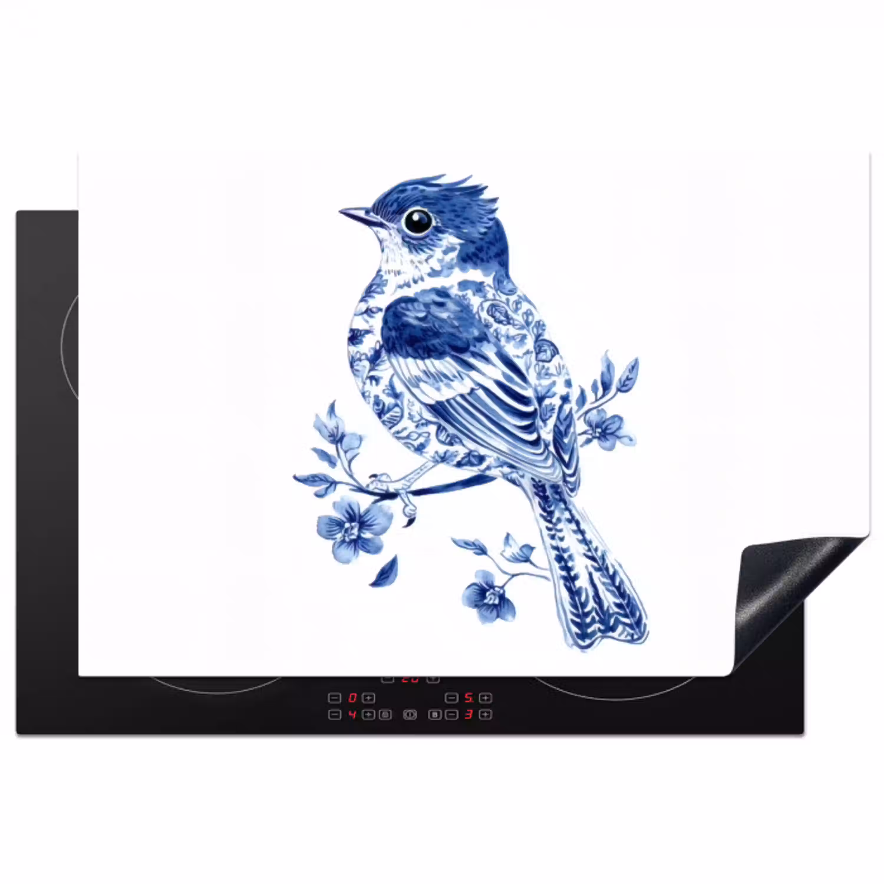 Vogel - Delfts blauw - Illustratie - Bloemen Inductie beschermer vinyl 3mm klein -3d