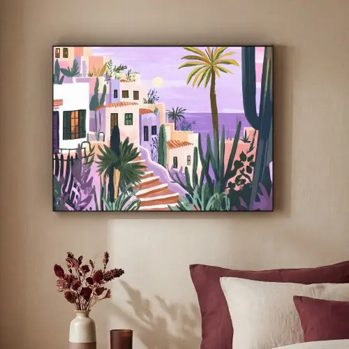 Huizen - Minimalistisch - Palmbomen - Kust Textielframe zwart klein -sfeer1