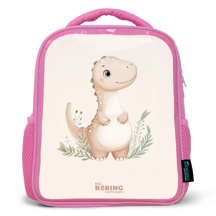Beige dinosaurus met groene blaadjes Kinderrugzak - Roze middel -3d