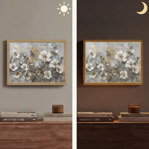 Bloemen - Wit - Grijs - Goud - Luxe Light Box met batterij (Wandlamp) middel -sfeer3