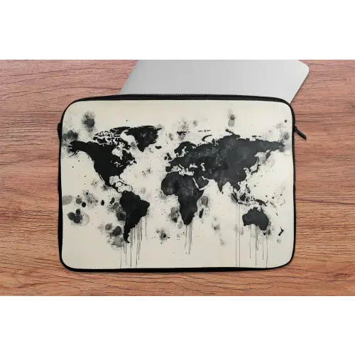 Wereldkaart - Zwart - Inkt laptophoes neopreen klein -tafel
