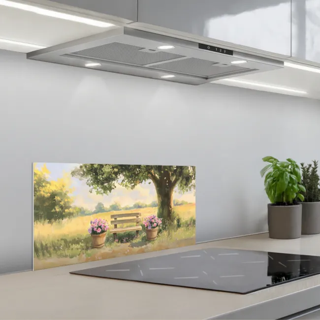 Houten bankje - Bloempotten - Landschap keuken achterwand spatscherm klein -3d_schuin