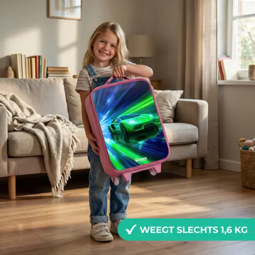 Raceauto - Felgroen - Lichtstralen - Snelheid Kinderkoffer - Roze klein -sfeer2_NL