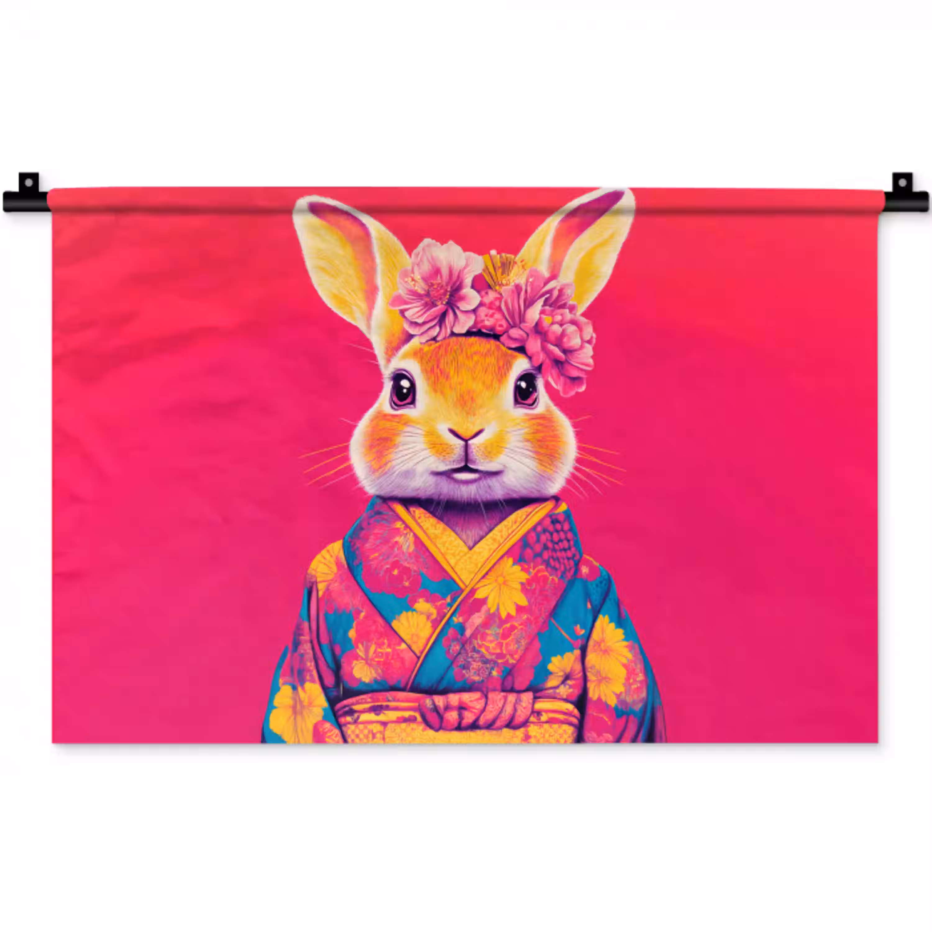 Konijn - Bloemen - Kleurrijk - Kimono Wandkleed katoen klein -zz3d