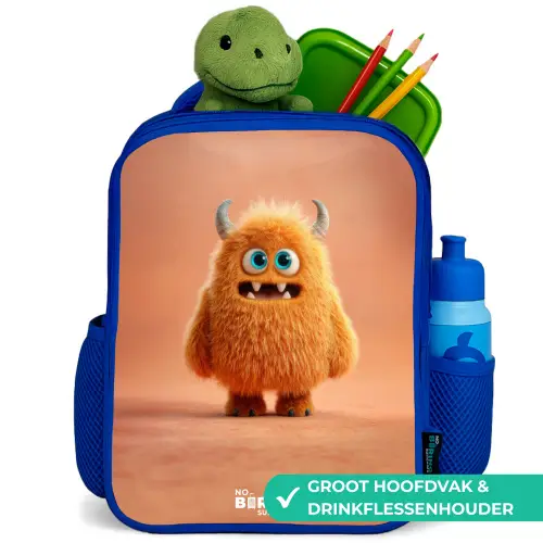Oranje Pluizig Monster met Hoorns Kinderrugzak - Blauw middel -inhoud_NL