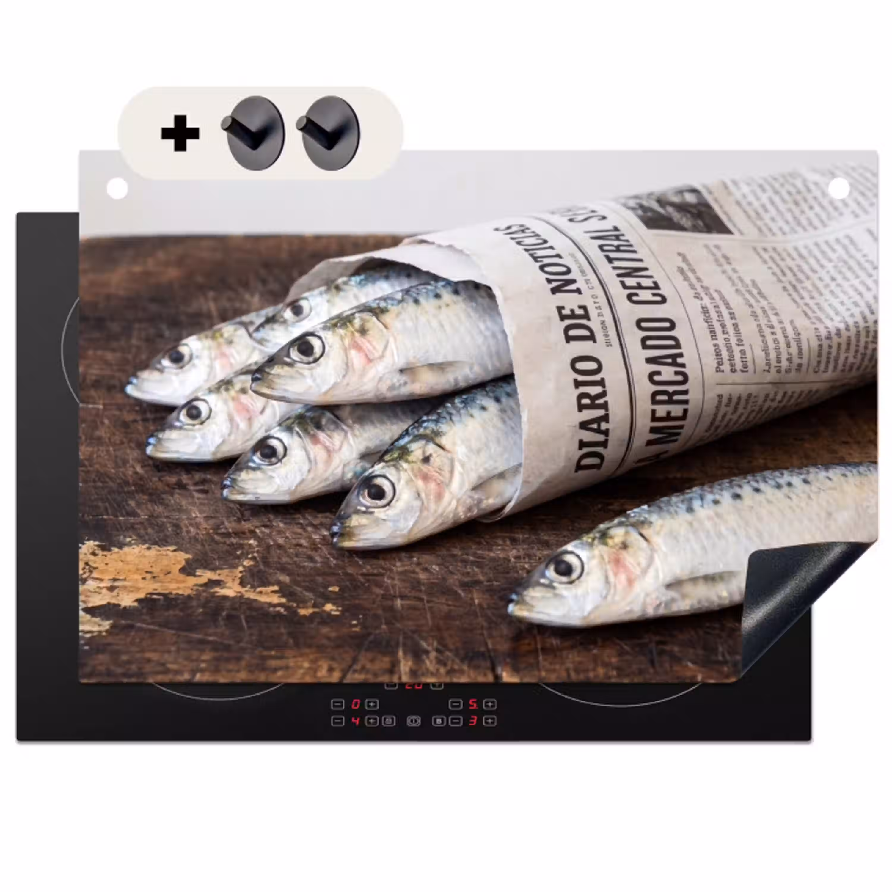 Sardientje - krant - snijplank Inductie beschemer met haakjes klein -3d