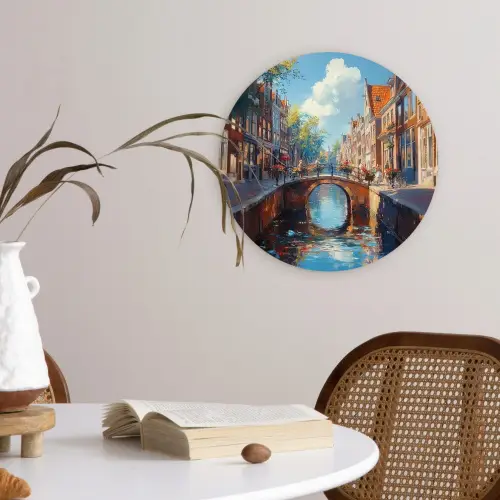 Stad - Gracht - Zon - Fietsen Wandcirkel kunststof plaat 5mm dik klein -sfeer4