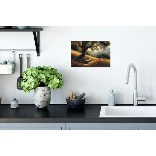 Bankje - Boom - Klaprozen - Heuvels Muursticker klein -keuken