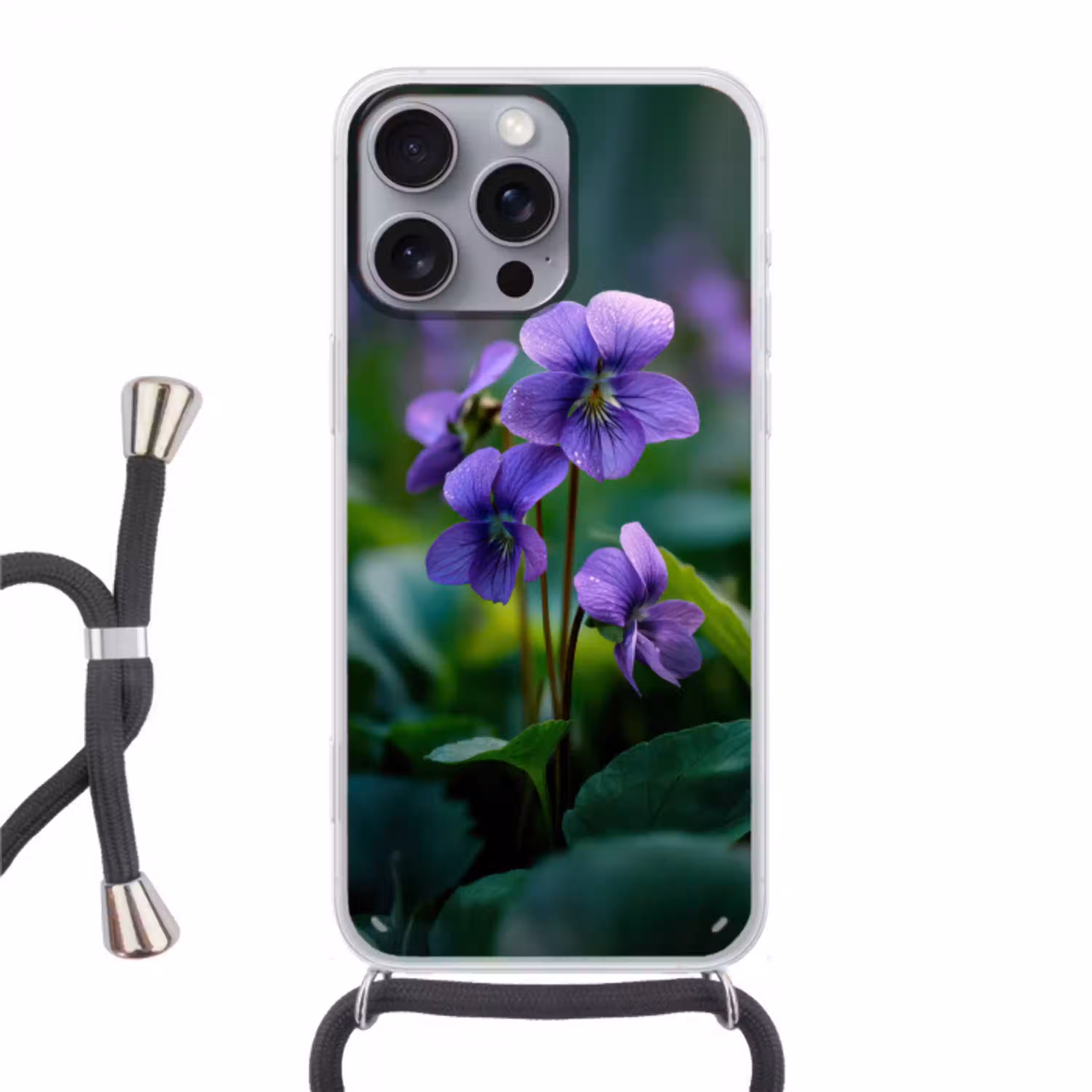 Viooltjes - Paars - Bloem - Bladeren Hoesje iPhone 16 Pro Max met koord klein -3d
