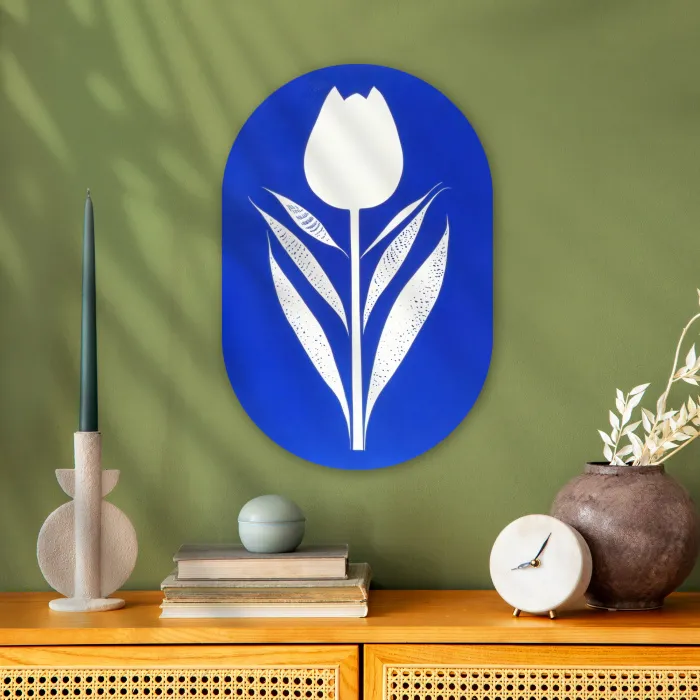 Tulp - Minimalistisch - Bladeren - Wit Wandcirkel Ovaal Forex klein -sfeer2