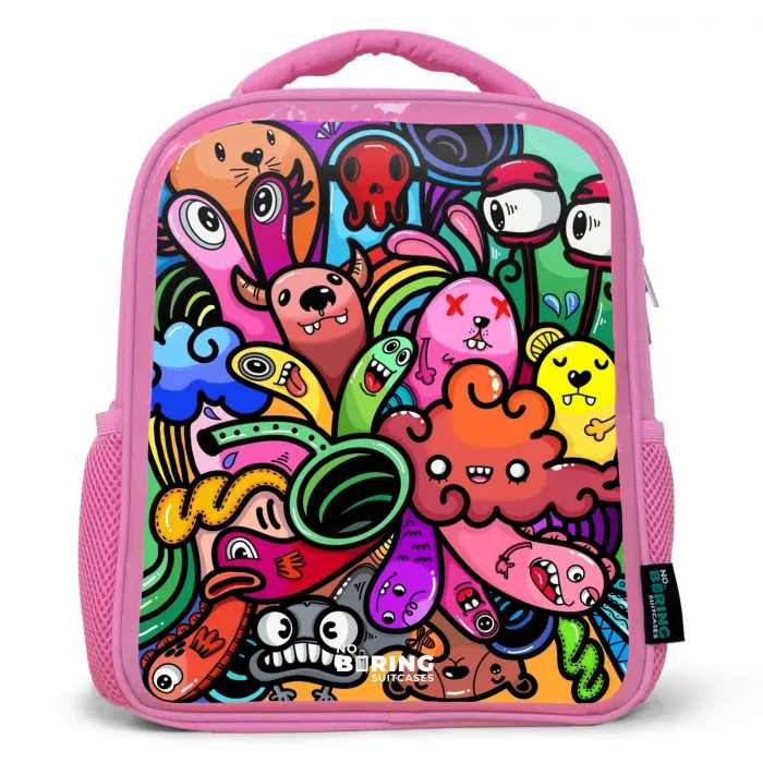 Vrolijke monsterchaos Kinderrugzak - Roze middel -3d