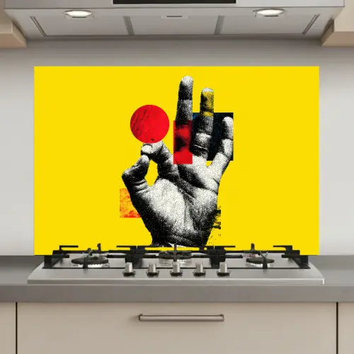 Hand - Rode cirkel - Geel keuken achterwand spatscherm klein -3d_website