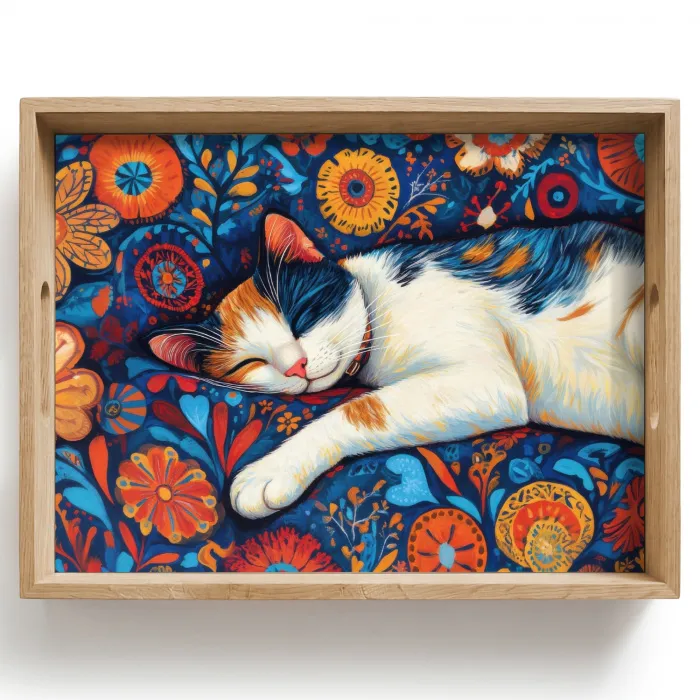 Kat - Bloemenpatroon - Blauw - Oranje Dienblad Rechthoek middel -z3d_shopping