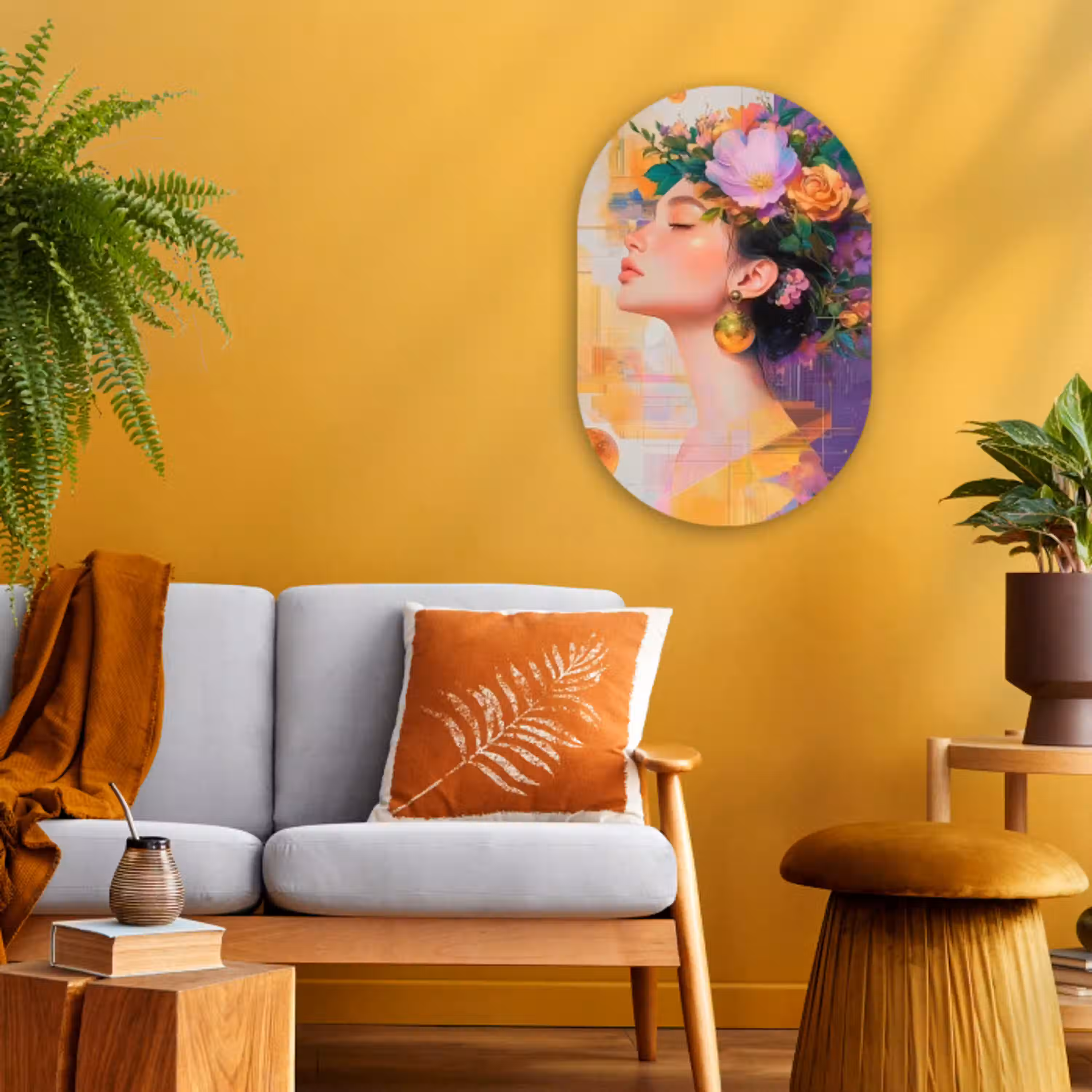 Abstract - Vrouw - Bloemenkroon - Goud Wandcirkel Ovaal Forex klein -sfeer4