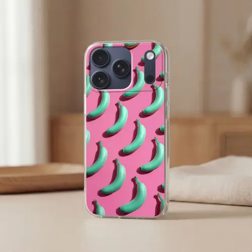 Bananen - Patroon - Blauw - Roze Telefoonhoesje iPhone 17 Pro klein -sfeer2