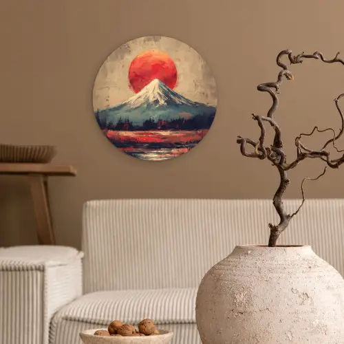 Bergtop - Sneeuw - Zon Wandcirkel kunststof plaat 5mm dik klein -sfeer1