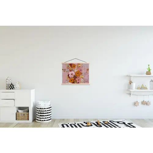 Schilderij - Bloemen - Rustiek - Roze textielposter latten blank klein -kinderkamer