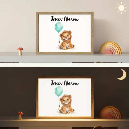 Leeuw - Baby dier - Blauwe ballon Light Box met batterij (Wandlamp kind) middel -sfeer3_kind