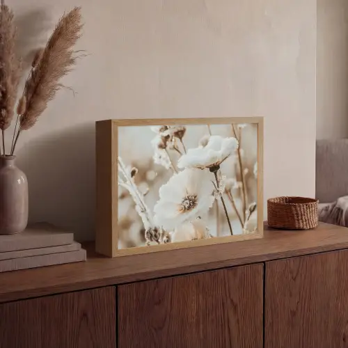 Bloemen - Winter - Wit - Sneeuw - Beige Light Box met batterij (Wandlamp) middel -sfeer2