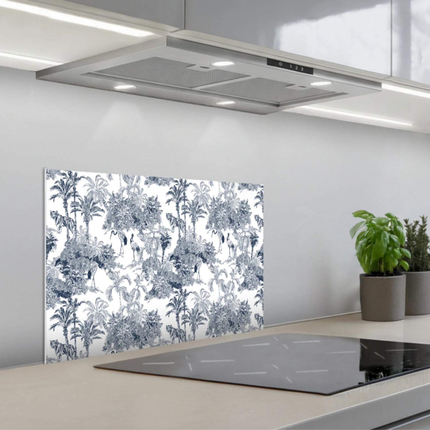 Palmbomen - Jungle - Abstract - Blauw keuken achterwand spatscherm klein 900 -3d_schuin