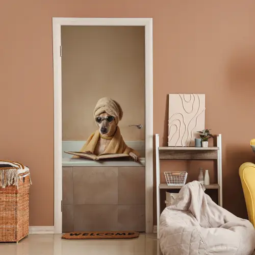 Bad - Hond - Boek - Zonnebril deurposter klein -sfeer1