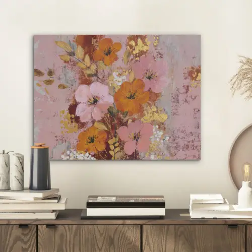 Schilderij - Bloemen - Rustiek - Roze PET vilt klein -sfeer1
