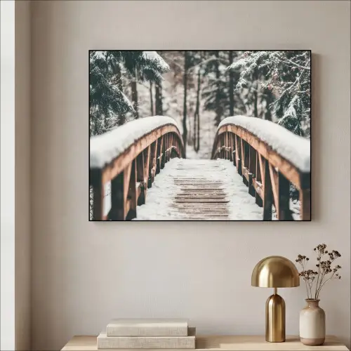 Brug - Winterlandschap - Bos - Natuur - Sneeuw Textielframe - compleet frame klein -sfeer2