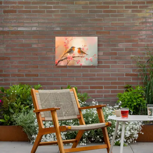 Roodborstjes - Sierlijk - Bloesemtak Tuinposter op houten frame 2 cm dik klein -sfeer3