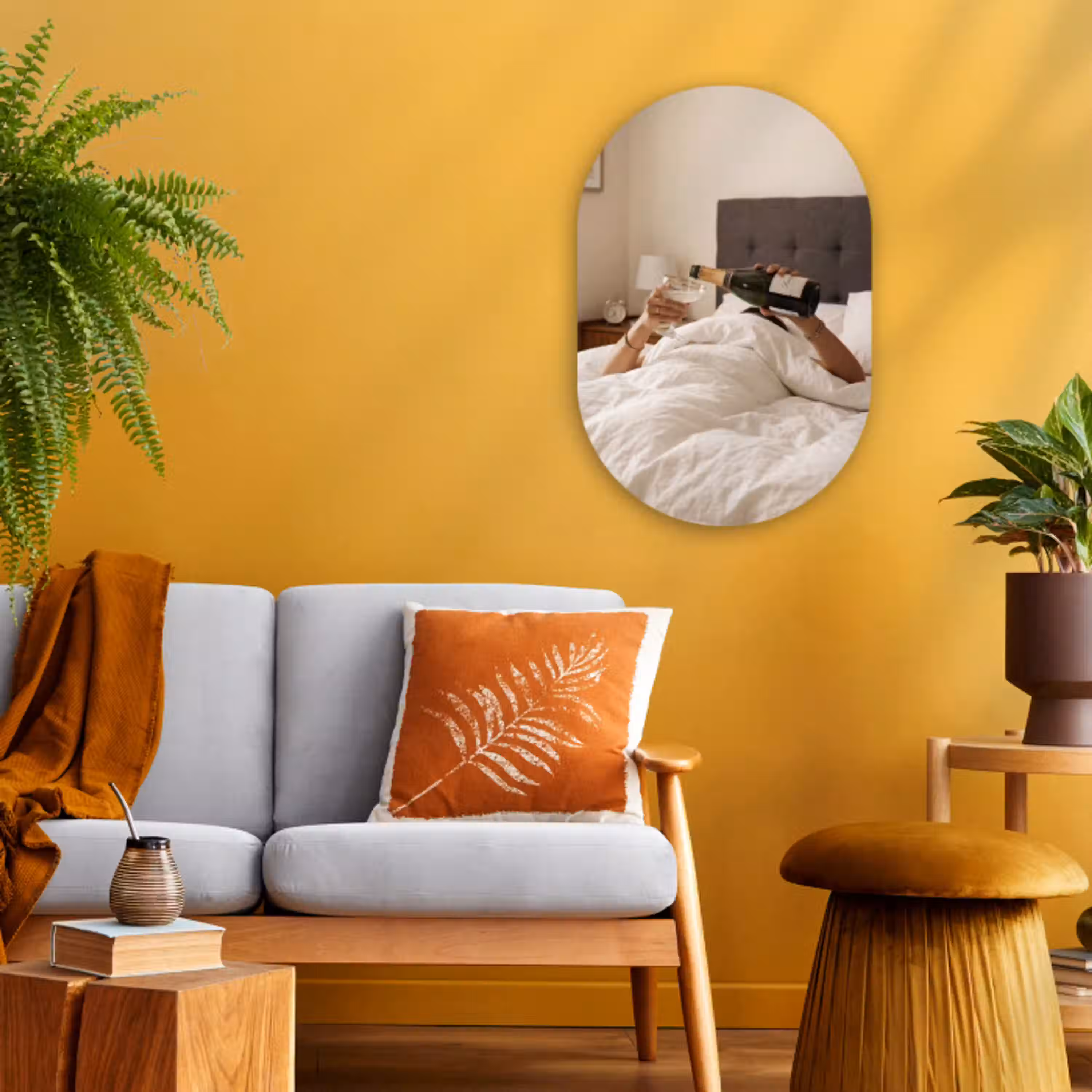 Champagne - Bed - Bubbels Wandcirkel Ovaal Forex klein -sfeer4