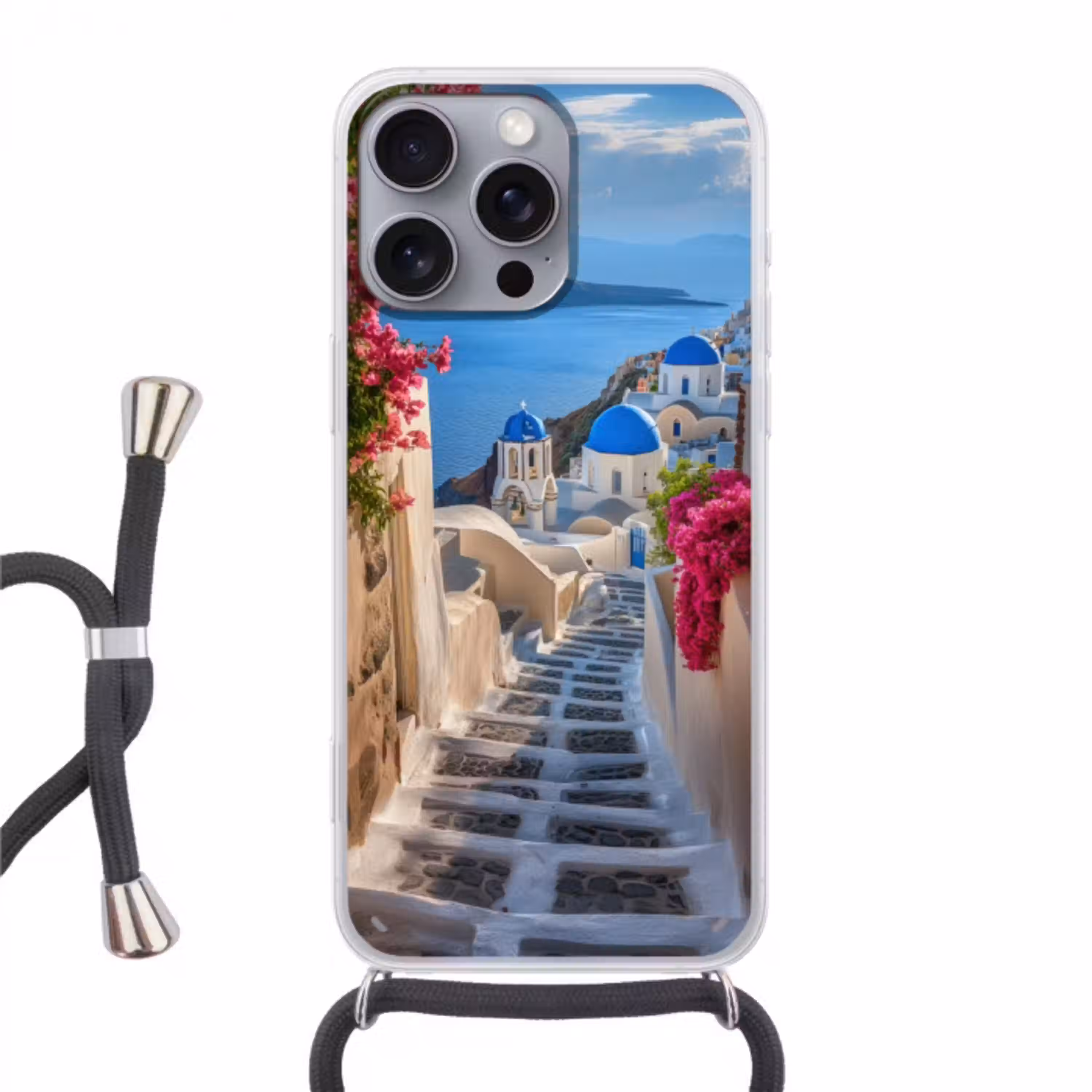 Santorini - Bloemen - Griekenland Hoesje iPhone 16 Pro Max met koord klein -3d