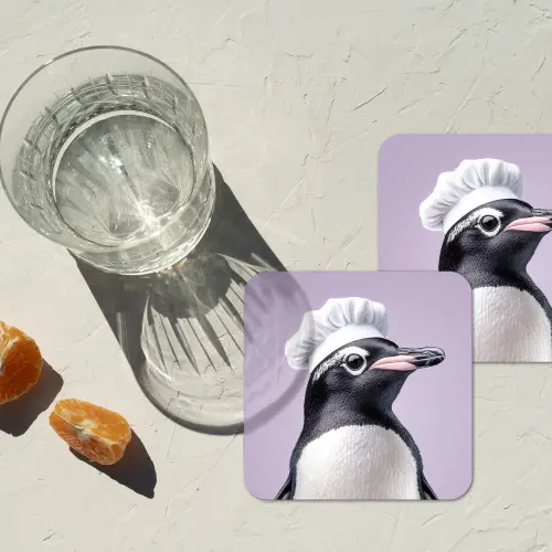 Pinguïn - Koksmuts - Lief - Paars onderzetter kurk middel -sfeer4