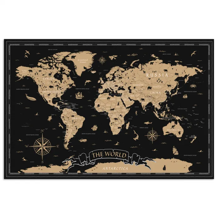 Wereldkaart - Beige - Zwart poster papier klein -3d