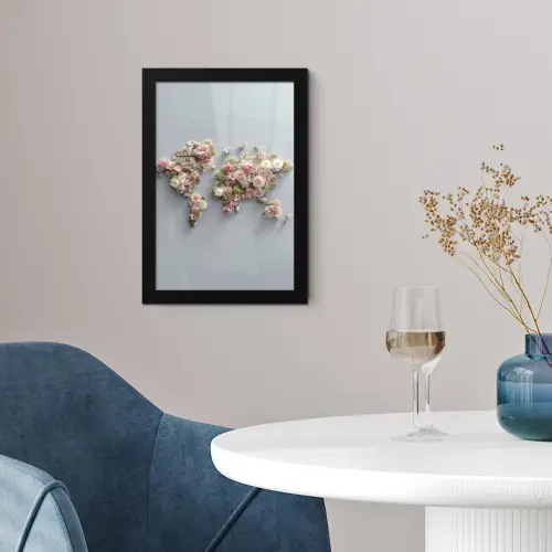 Wereldkaart - Rozen - Roze fotolijst zwart zonder passe partout klein -sfeer4