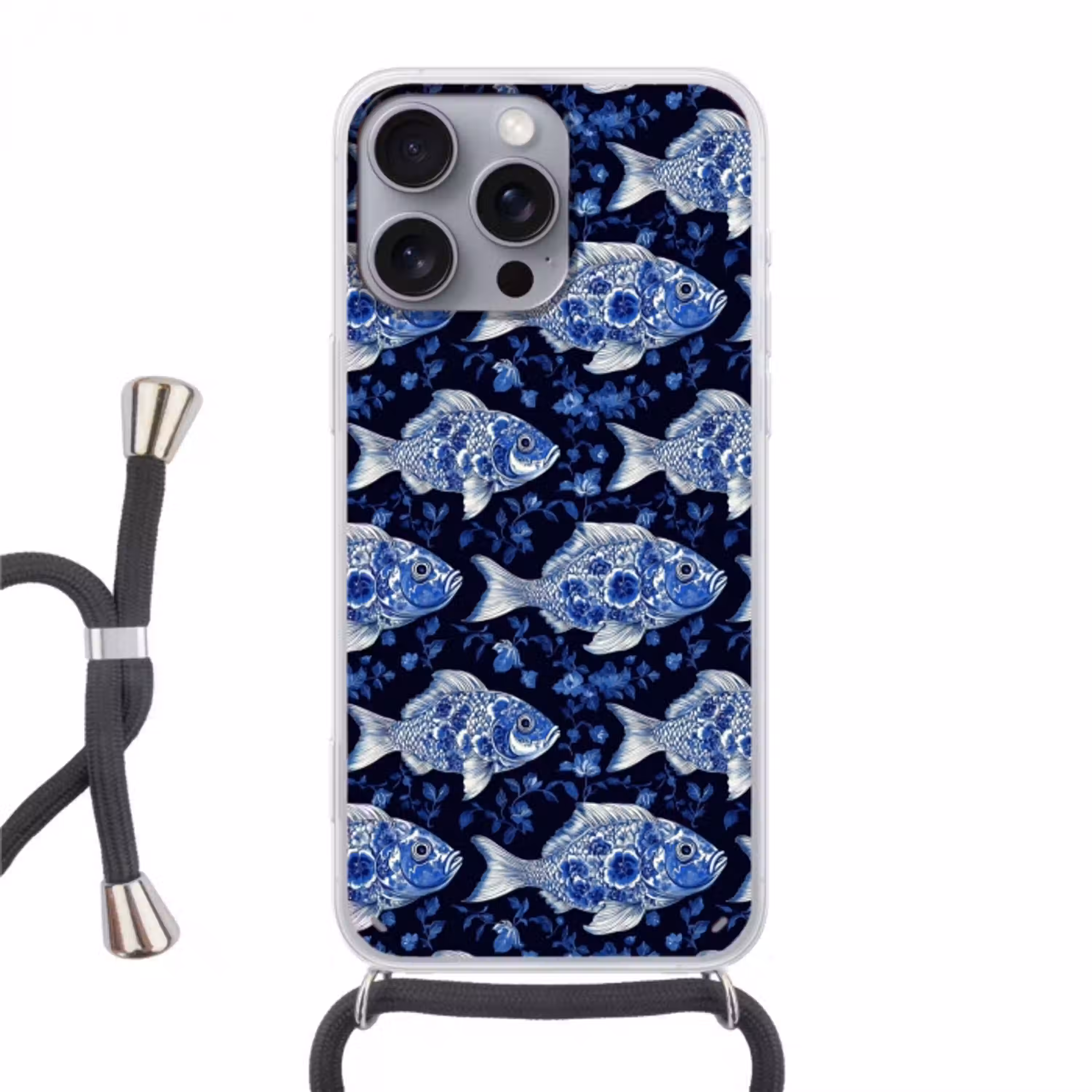 Vissen - Bloemen - Blauw Hoesje iPhone 16 Pro Max met koord klein 804 -3d