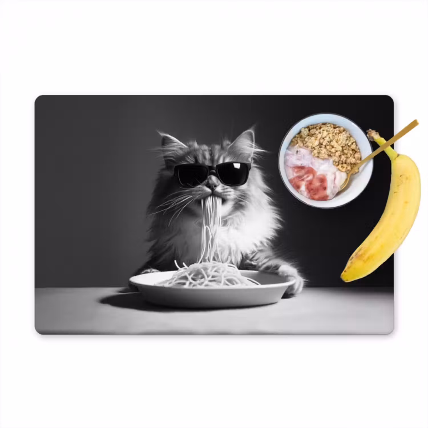 Tischset - 6 Stück - Langhaarkatze - Sonnenbrille - Spaghetti - Humor - Schwarz - Weiß
