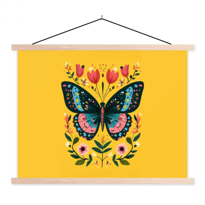 Bloemen - Kleurrijk - Vlinder - Sierlijk textielposter latten blank klein -3d