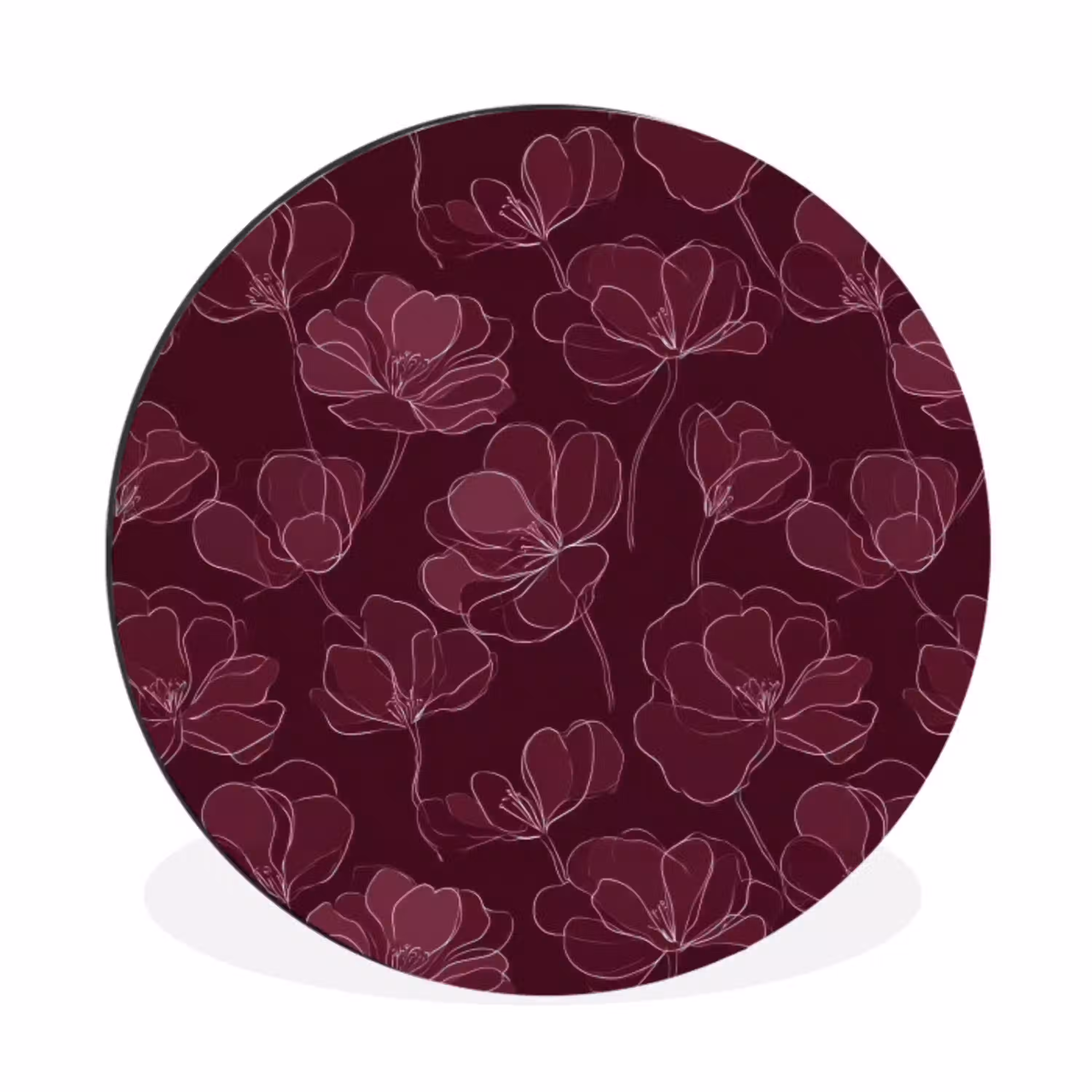 Bloemen - Patroon - Bordeauxrood Wandcirkel aluminium klein 190 -3d