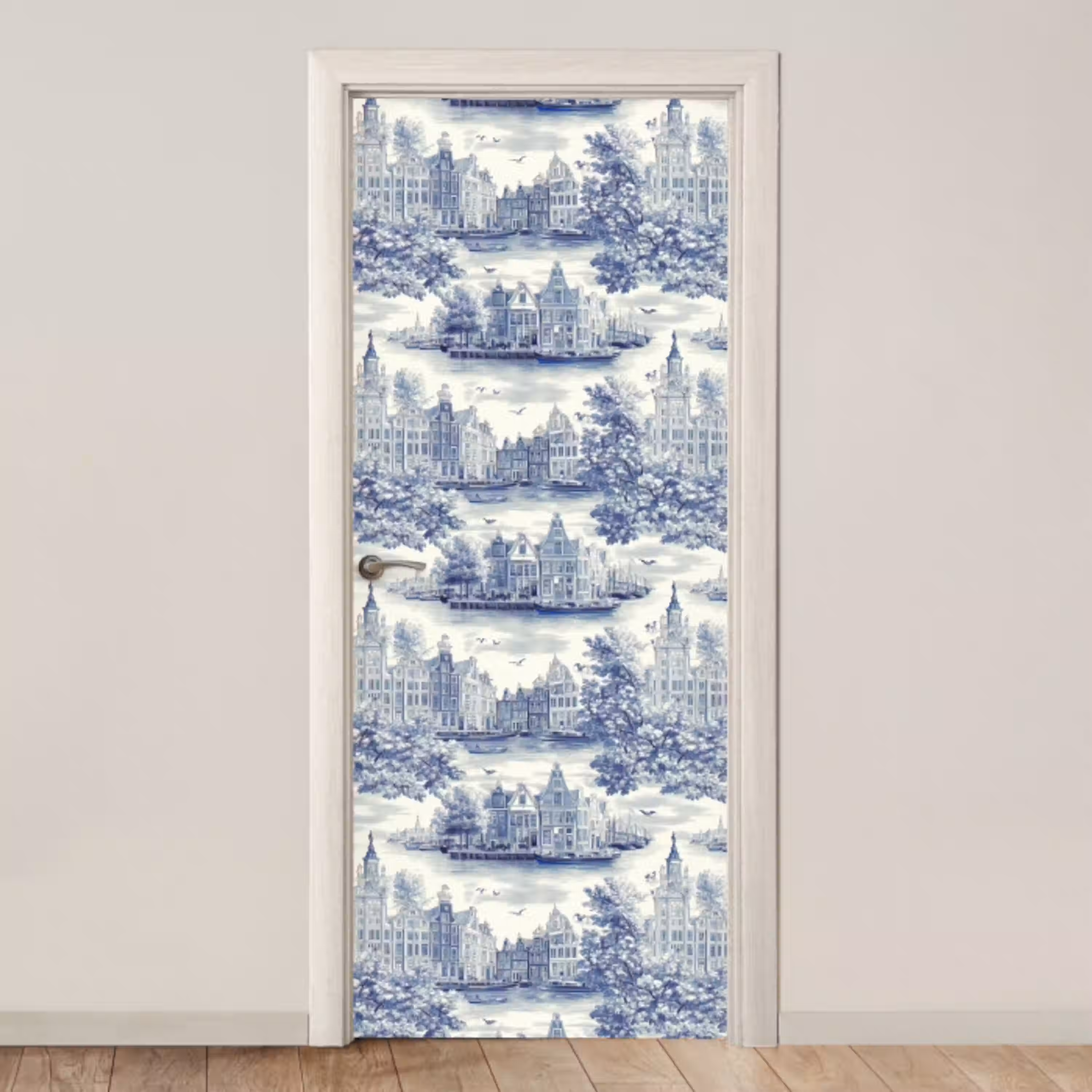 Huizen - Bomen - Water - Vogels - Blauw deurposter klein 289 -3d_beige