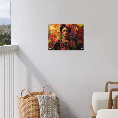 Vrouw - Bloemen - Papegaai - Schilderachtig tuinposter los doek klein -sfeer8